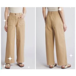 WOMANS MODERN TROUSER TAN HIGH WAIST PATCH POCKET EXTRA WIDE LEG PANTS 82% COTTO